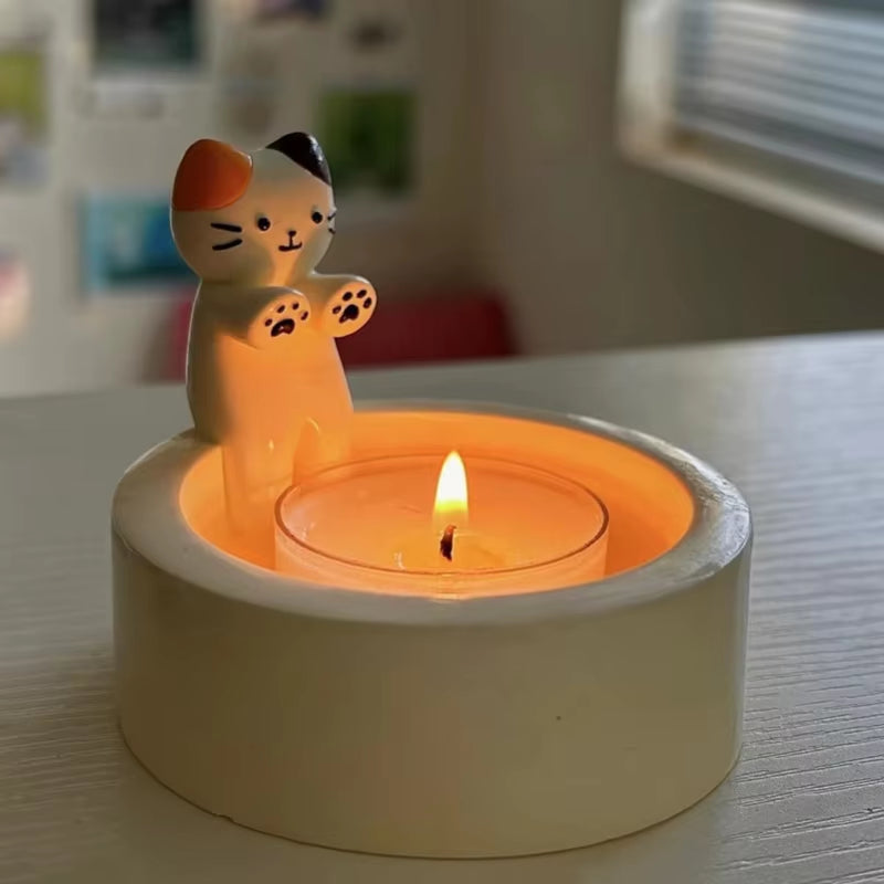 Cartoon Cat Tea Light Candle Holder - Decorative Ornaments for Office and Home Desktop
