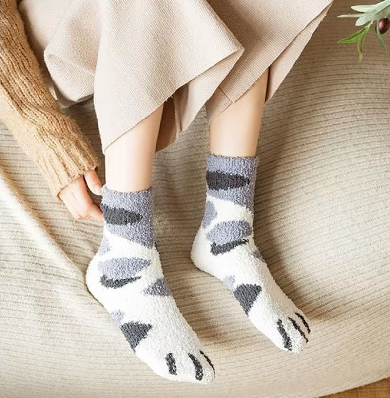 Fluffy Cat Paw Sleep Socks – Plush Velvet Indoor Floor Socks for Autumn & Winter