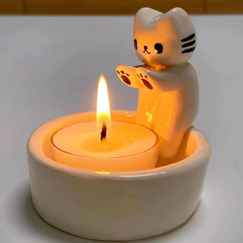 Cartoon Cat Tea Light Candle Holder - Decorative Ornaments for Office and Home Desktop