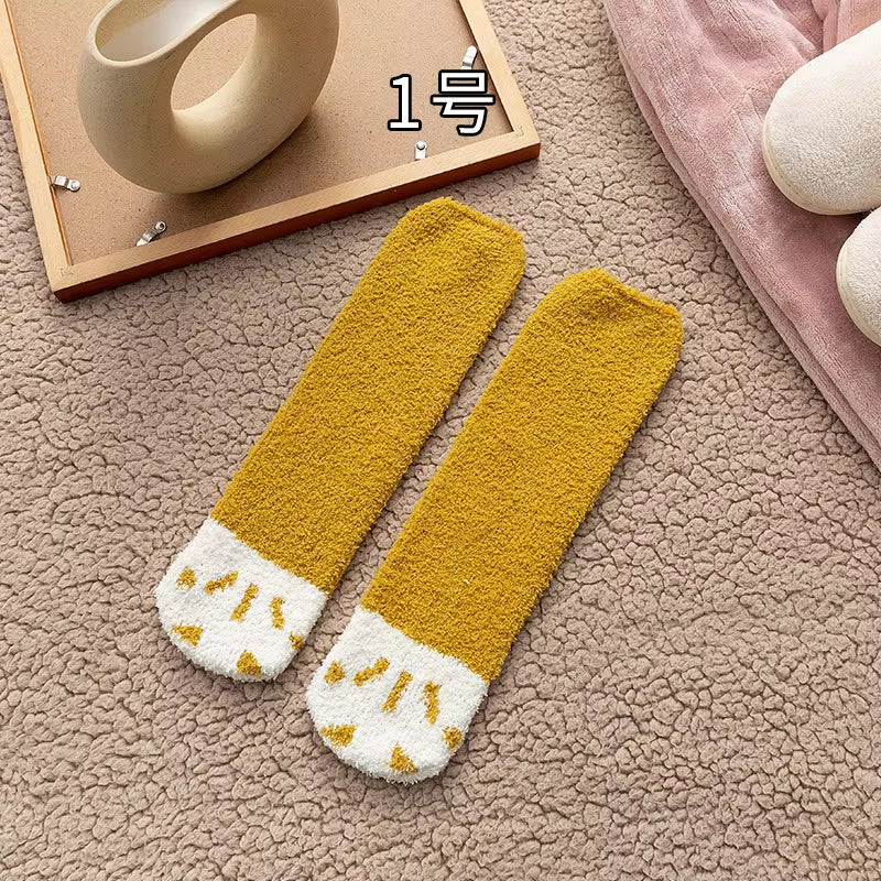 Fluffy Cat Paw Sleep Socks – Plush Velvet Indoor Floor Socks for Autumn & Winter