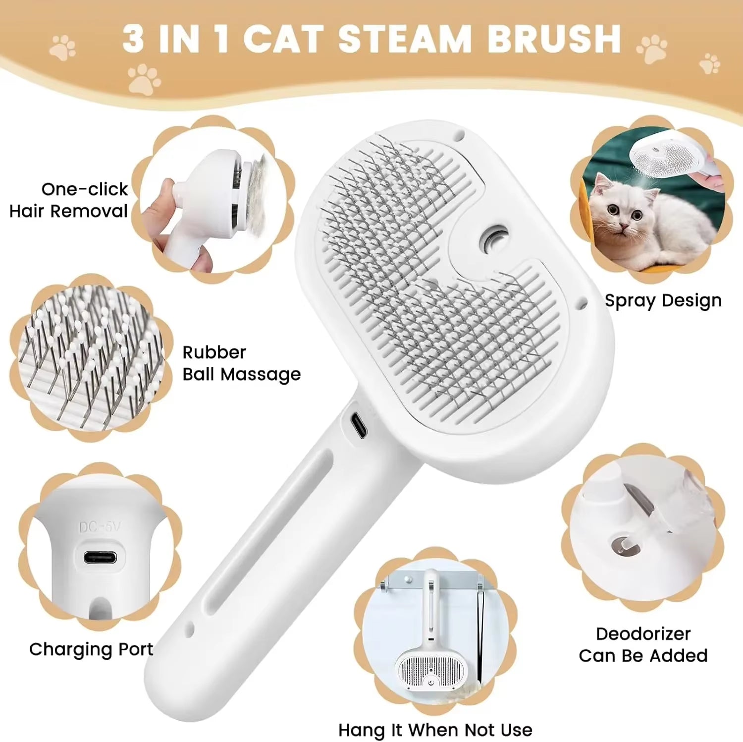 3-in-1 Cat & Dog Steam Brush – Hair Removal & Massage