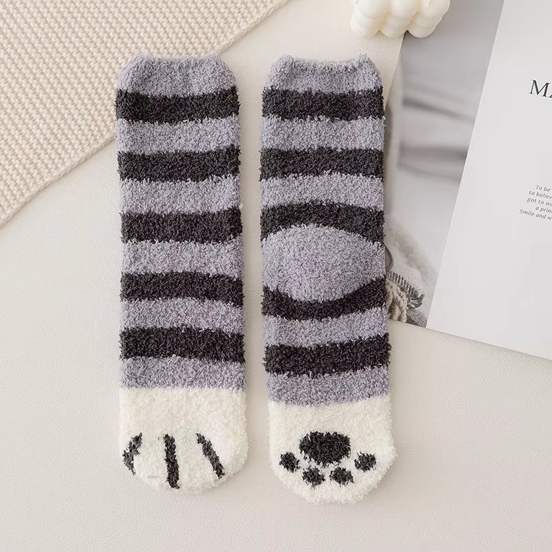 Fluffy Cat Paw Sleep Socks – Plush Velvet Indoor Floor Socks for Autumn & Winter