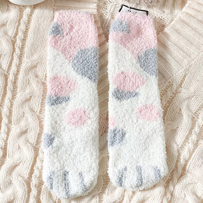 Fluffy Cat Paw Sleep Socks – Plush Velvet Indoor Floor Socks for Autumn & Winter