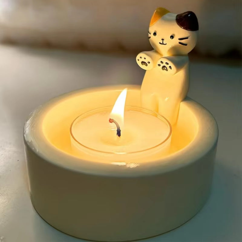 Cartoon Cat Tea Light Candle Holder - Decorative Ornaments for Office and Home Desktop