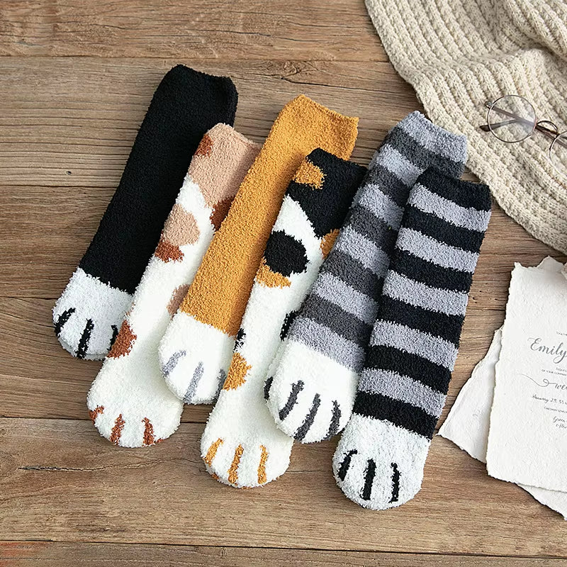 Fluffy Cat Paw Sleep Socks – Plush Velvet Indoor Floor Socks for Autumn & Winter