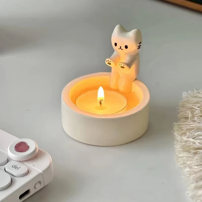 Cartoon Cat Tea Light Candle Holder - Decorative Ornaments for Office and Home Desktop
